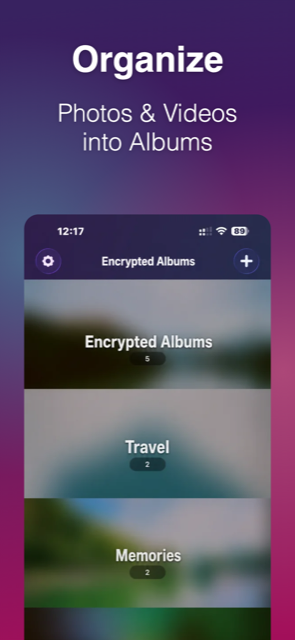 Photo Locker screen: organize photos and videos into encrypted albums