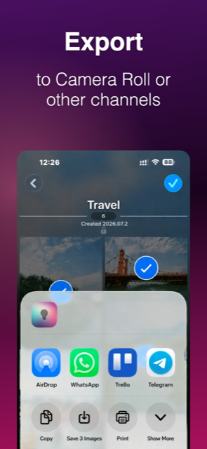 Photo Locker screen: export photos back to Camera Roll or other apps